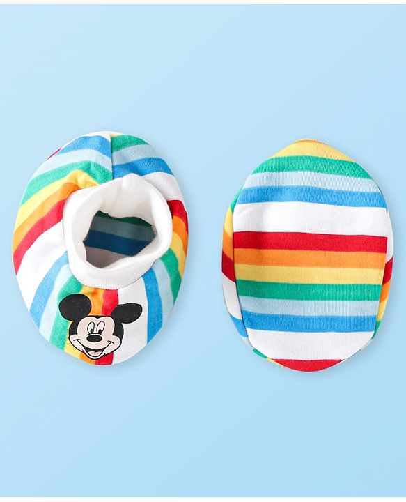 Babyhug Disney Cotton Knit Cap Mittens & Booties Set with Stripes & Mickey Mouse Graphics - White
