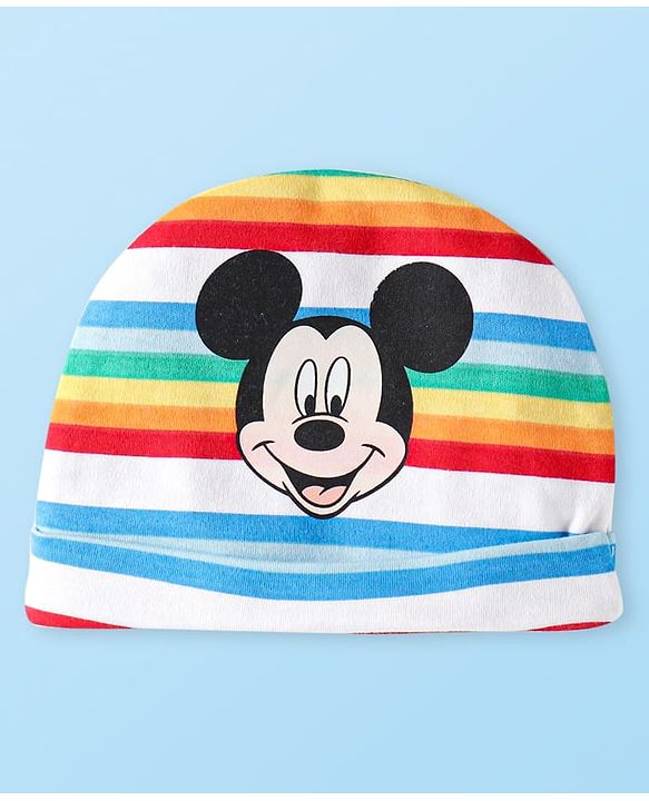 Babyhug Disney Cotton Knit Cap Mittens & Booties Set with Stripes & Mickey Mouse Graphics - White