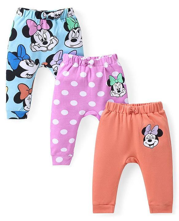Babyhug Disney Cotton Knit Full Length Diaper Legging with Minnie Mouse Print Pack of 3 - Blue Pink & Orange