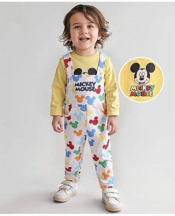 Babyhug Disney Single Jersey Knit Full Sleeves Mickey Mouse Printed T-Shirt &  Full Length Dungaree - White & Yellow