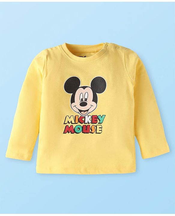 Babyhug Disney Single Jersey Knit Full Sleeves Mickey Mouse Printed T-Shirt &  Full Length Dungaree - White & Yellow