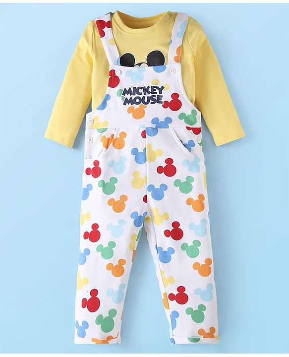 Babyhug Disney Single Jersey Knit Full Sleeves Mickey Mouse Printed T-Shirt &  Full Length Dungaree - White & Yellow
