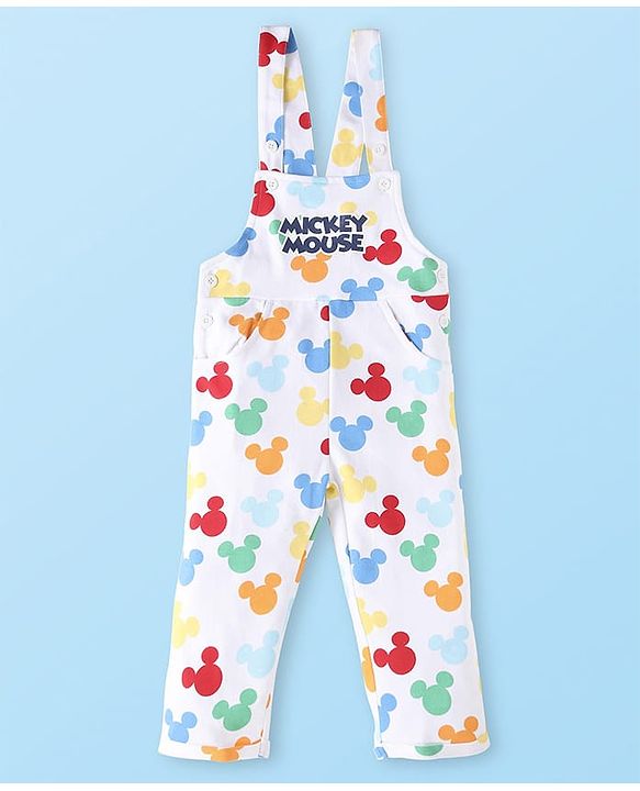 Babyhug Disney Single Jersey Knit Full Sleeves Mickey Mouse Printed T-Shirt &  Full Length Dungaree - White & Yellow