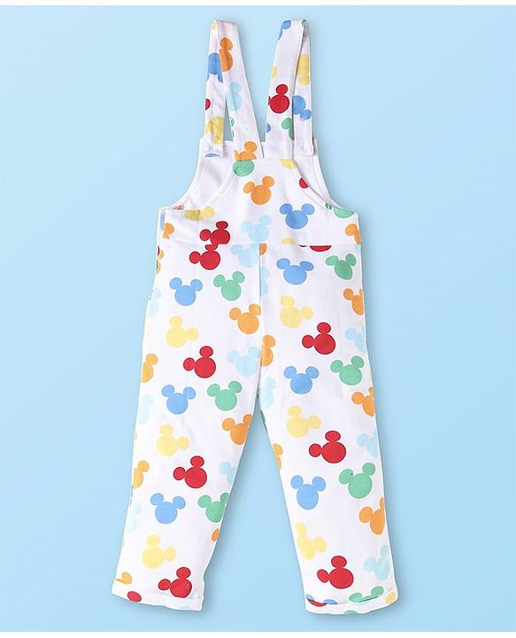 Babyhug Disney Single Jersey Knit Full Sleeves Mickey Mouse Printed T-Shirt &  Full Length Dungaree - White & Yellow