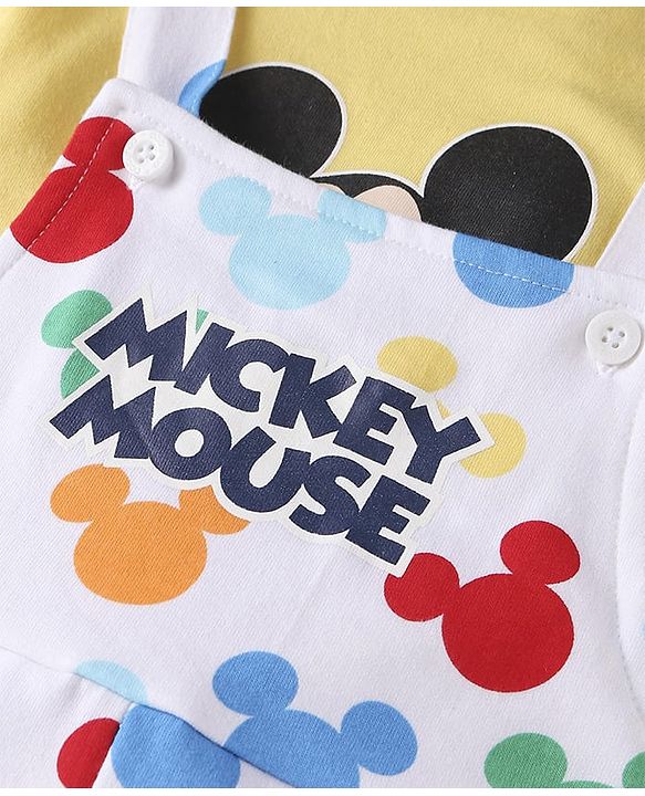 Babyhug Disney Single Jersey Knit Full Sleeves Mickey Mouse Printed T-Shirt &  Full Length Dungaree - White & Yellow