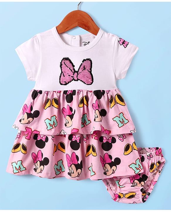 Babyhug Disney Single Jersey Knit Half Sleeves Frock With Bloomer & Minnie Mouse Graphics & Reversible Sequin Embroidery - White & Pink