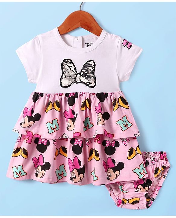 Babyhug Disney Single Jersey Knit Half Sleeves Frock With Bloomer & Minnie Mouse Graphics & Reversible Sequin Embroidery - White & Pink