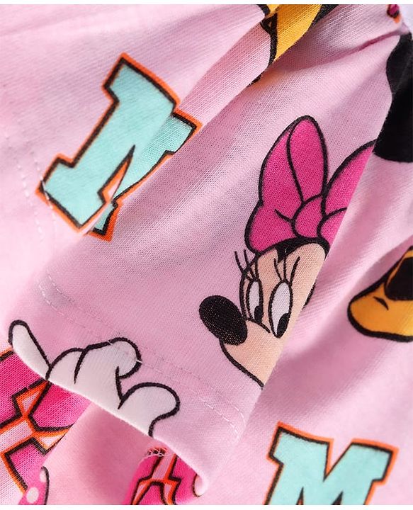 Babyhug Disney Single Jersey Knit Half Sleeves Frock With Bloomer & Minnie Mouse Graphics & Reversible Sequin Embroidery - White & Pink