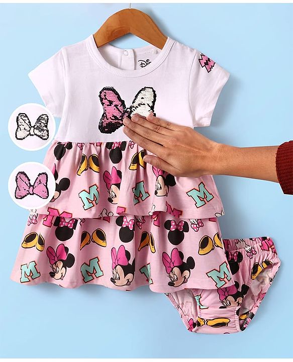 Babyhug Disney Single Jersey Knit Half Sleeves Frock With Bloomer & Minnie Mouse Graphics & Reversible Sequin Embroidery - White & Pink