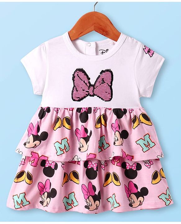 Babyhug Disney Single Jersey Knit Half Sleeves Frock With Bloomer & Minnie Mouse Graphics & Reversible Sequin Embroidery - White & Pink