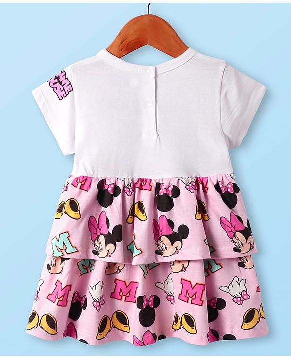 Babyhug Disney Single Jersey Knit Half Sleeves Frock With Bloomer & Minnie Mouse Graphics & Reversible Sequin Embroidery - White & Pink