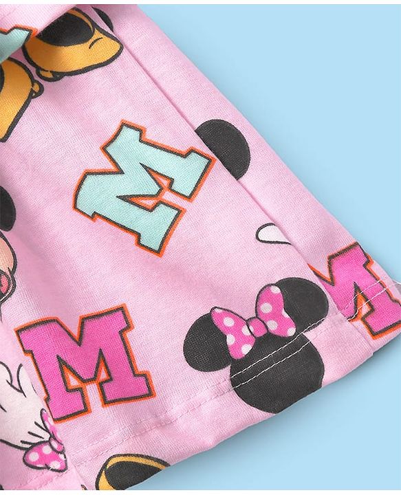Babyhug Disney Single Jersey Knit Half Sleeves Frock With Bloomer & Minnie Mouse Graphics & Reversible Sequin Embroidery - White & Pink