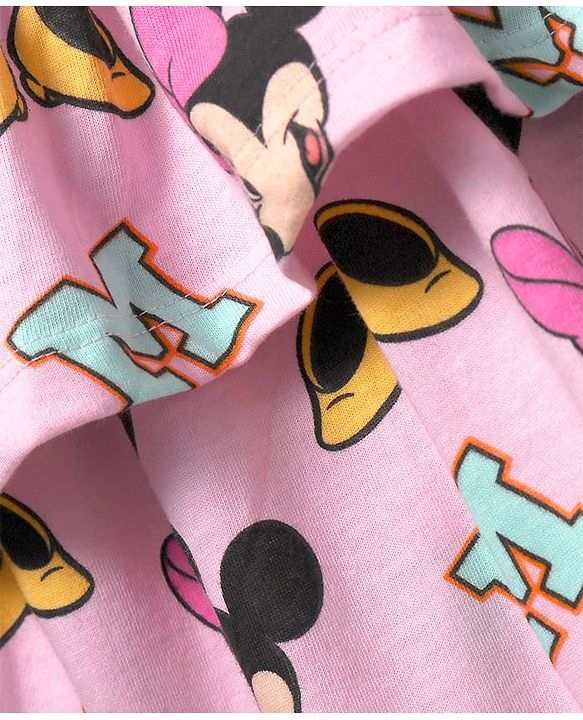 Babyhug Disney Single Jersey Knit Half Sleeves Frock With Bloomer & Minnie Mouse Graphics & Reversible Sequin Embroidery - White & Pink