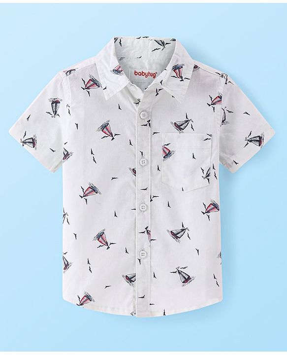 Babyhug Cotton Woven Half Sleeves Birds & Boat Printed Shirt -White