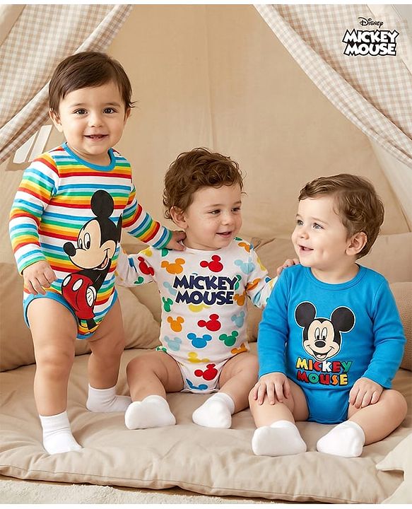 Babyhug Disney Interlock Knit Full Sleeves Onesies with Mickey Mouse Graphics Pack of 3- White  & Blue