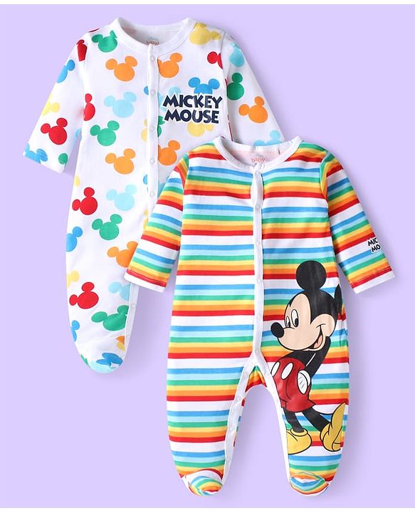 Babyhug Disney Single Jersey Knit Front Open Footed Sleep Suit with Striped & Mickey Mouse Print Pack of 2 - White Green & Red