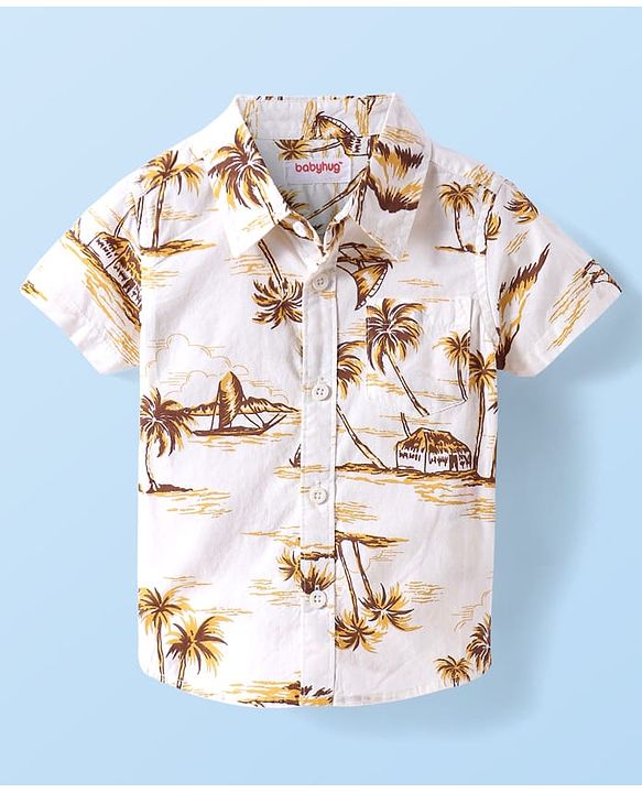 Babyhug Cotton Knit Half Sleeves Regular Collar Shirt Beach Theme Print - White