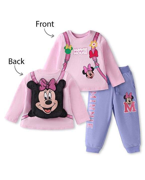 Babyhug Disney Single Jersey Knit Full Sleeves Top & Joggers Set With Minnie Mouse Graphics & Functional Bag Applique - Pink & Lavender