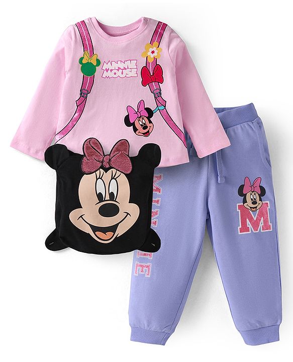 Babyhug Disney Single Jersey Knit Full Sleeves Top & Joggers Set With Minnie Mouse Graphics & Functional Bag Applique - Pink & Lavender