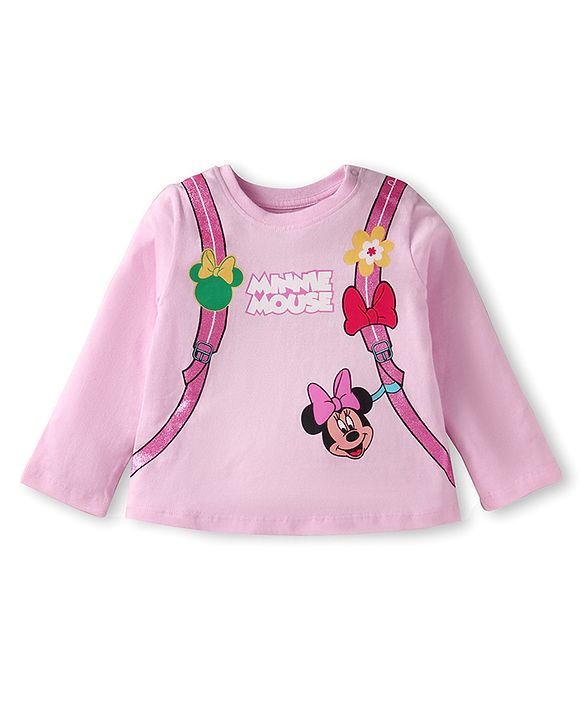 Babyhug Disney Single Jersey Knit Full Sleeves Top & Joggers Set With Minnie Mouse Graphics & Functional Bag Applique - Pink & Lavender