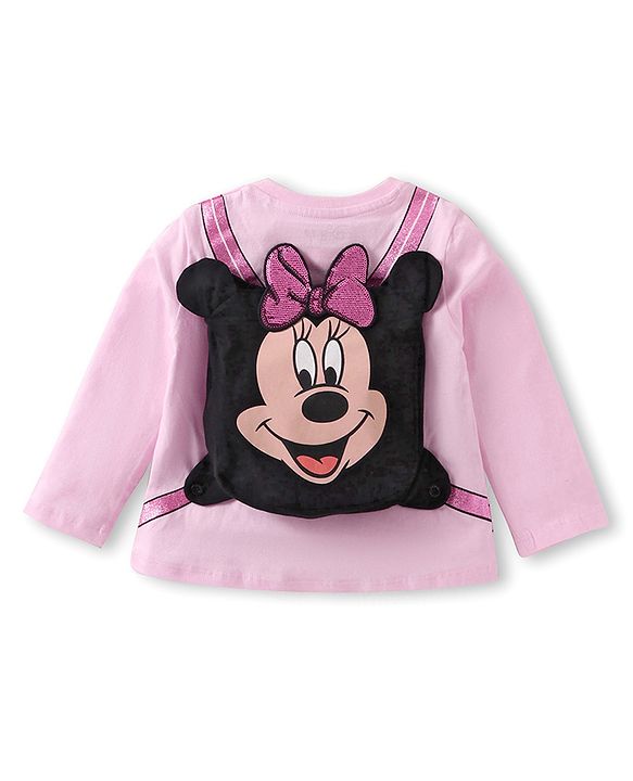 Babyhug Disney Single Jersey Knit Full Sleeves Top & Joggers Set With Minnie Mouse Graphics & Functional Bag Applique - Pink & Lavender