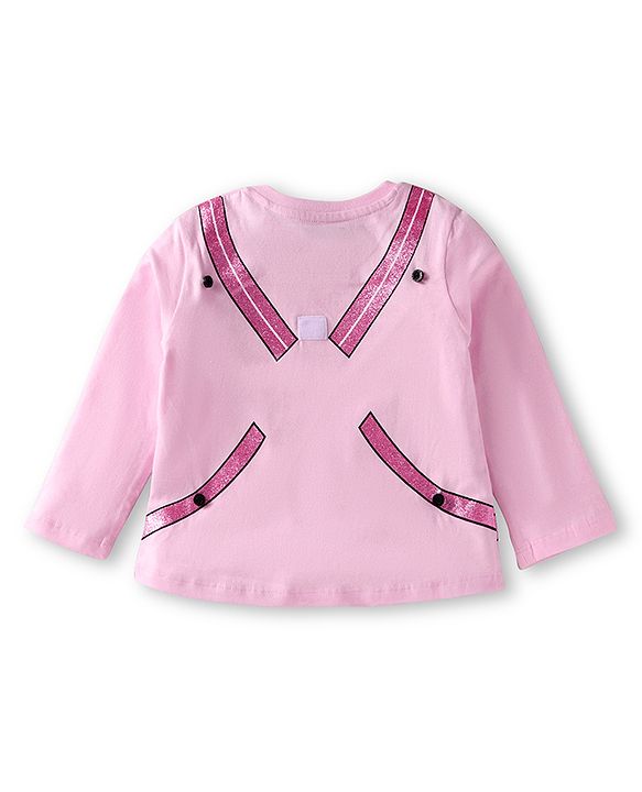 Babyhug Disney Single Jersey Knit Full Sleeves Top & Joggers Set With Minnie Mouse Graphics & Functional Bag Applique - Pink & Lavender