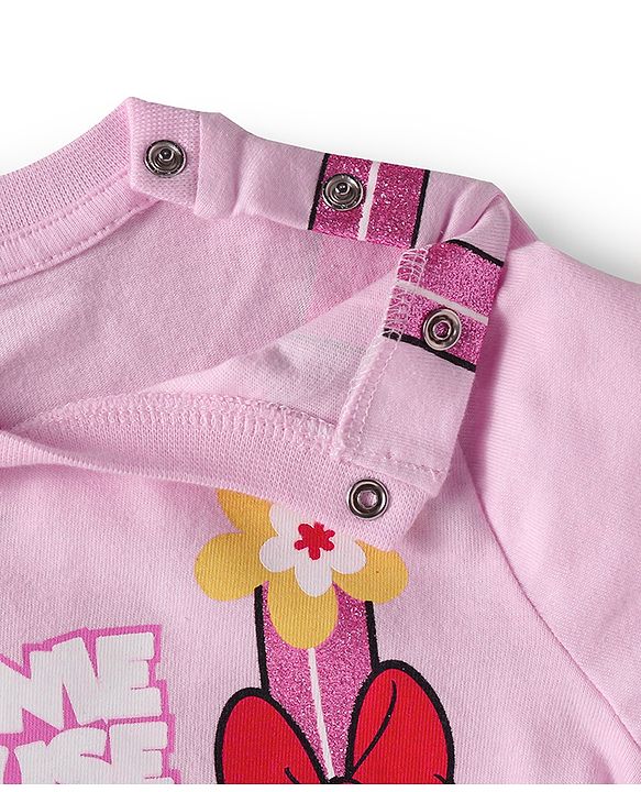Babyhug Disney Single Jersey Knit Full Sleeves Top & Joggers Set With Minnie Mouse Graphics & Functional Bag Applique - Pink & Lavender