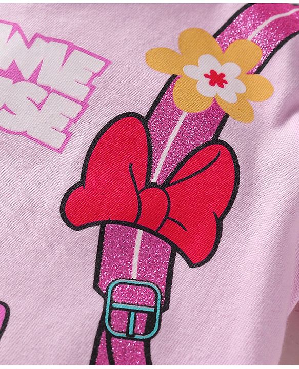 Babyhug Disney Single Jersey Knit Full Sleeves Top & Joggers Set With Minnie Mouse Graphics & Functional Bag Applique - Pink & Lavender