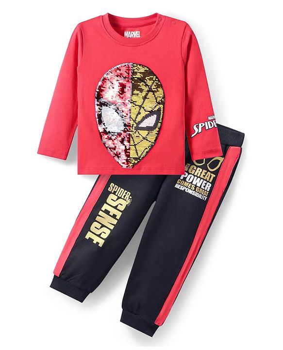 Babyhug Marvel Single Jersey Knit Full Sleeves T-Shirt & Lounge Pant Set With  Reversible Spider-man Sequins Detailing - Red & Black