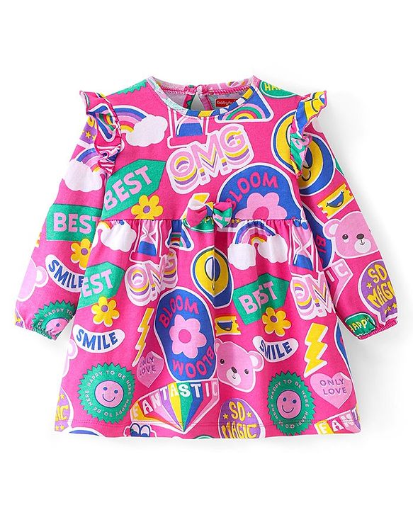 Babyhug Single Jersey Knit Full Sleeves Winter Frock with Frill Detailing & Text Print - Fuschia