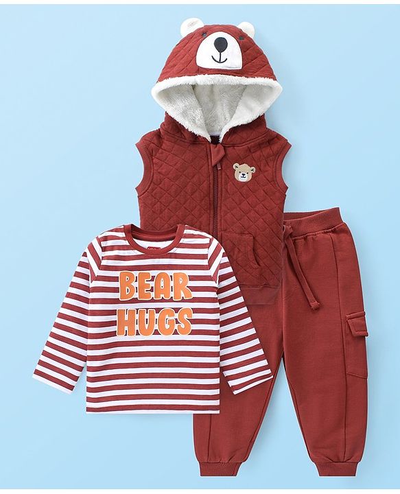 Babyhug Cotton Knit Sleeveless Front Zipper Hooded Vest With Striped T-Shirt & Joggers - Maroon