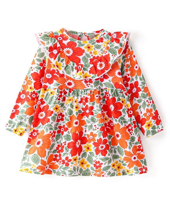 Babyhug Single Jersey Knit Full Sleeves Frock With Floral Print - Multicolor