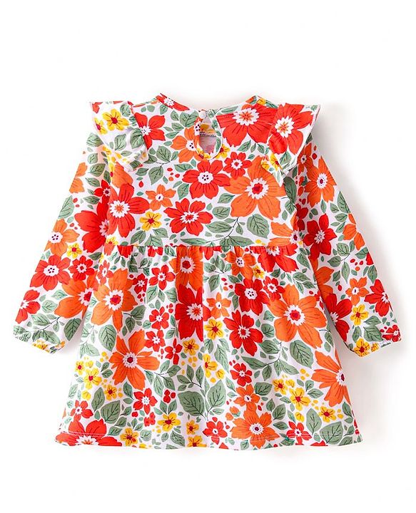 Babyhug Single Jersey Knit Full Sleeves Frock With Floral Print - Multicolor