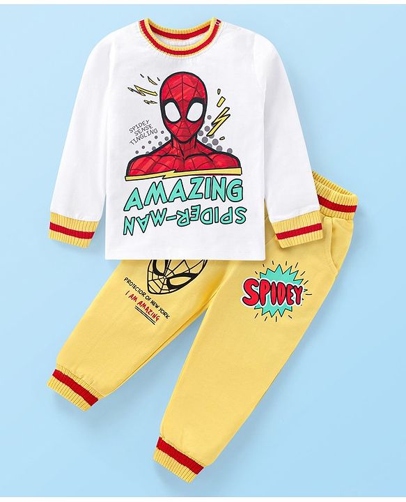 Babyhug Marvel Cotton Knit Full Sleeves T-Shirt & Joggers Set With Spider Man Graphics - White & Yellow