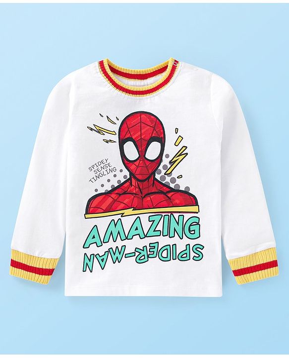 Babyhug Marvel Cotton Knit Full Sleeves T-Shirt & Joggers Set With Spider Man Graphics - White & Yellow