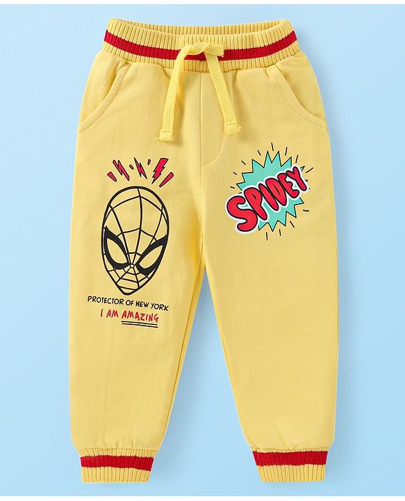 Babyhug Marvel Cotton Knit Full Sleeves T-Shirt & Joggers Set With Spider Man Graphics - White & Yellow