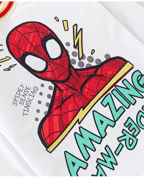 Babyhug Marvel Cotton Knit Full Sleeves T-Shirt & Joggers Set With Spider Man Graphics - White & Yellow