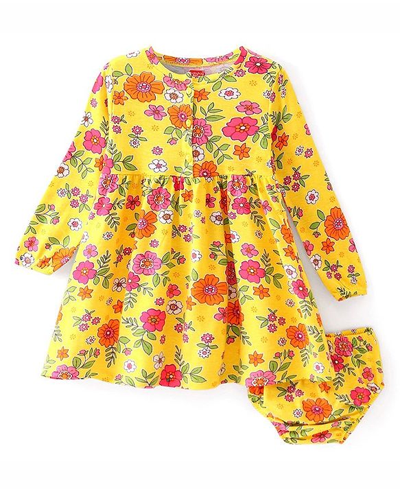 Babyhug Single Jersey Full Sleeves Frock with Bloomer & Floral Print - Yellow
