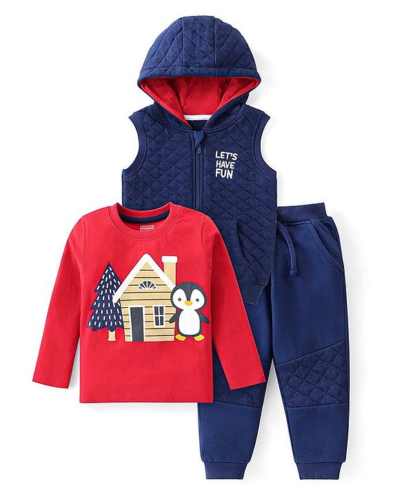 Babyhug Terry Knit Full Sleeves T-Shirt & Pant Set with Hooded Jacket - Penguin Print - Navy Blue