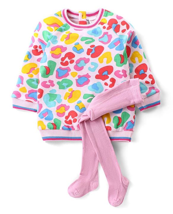 Babyhug Cotton Woven Full Raglan Sleeves Frock with Leggings & Abstract Design - Multicolour