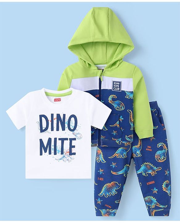 Babyhug Terry Knit Full Sleeves Text & Dino Printed Hooded Sweatjacket & Lounge Pant Set with T-Shirt - Navy Blue & Green