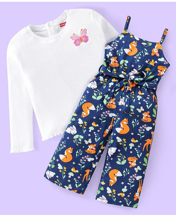Babyhug Single Jersey Knit Deer Print Jumpsuit with Full Sleeves Inner Top - Navy Blue & White