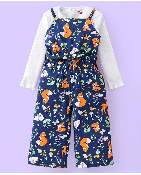 Babyhug Single Jersey Knit Deer Print Jumpsuit with Full Sleeves Inner Top - Navy Blue & White