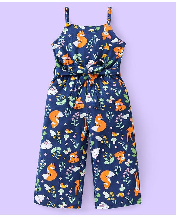 Babyhug Single Jersey Knit Deer Print Jumpsuit with Full Sleeves Inner Top - Navy Blue & White