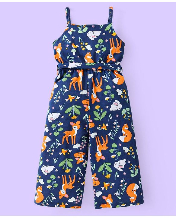 Babyhug Single Jersey Knit Deer Print Jumpsuit with Full Sleeves Inner Top - Navy Blue & White