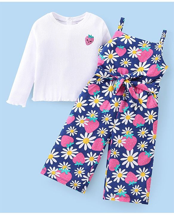 Babyhug Single Jersey Knit Floral Printed Jumpsuit with Full Sleeves Top - Pink & Blue