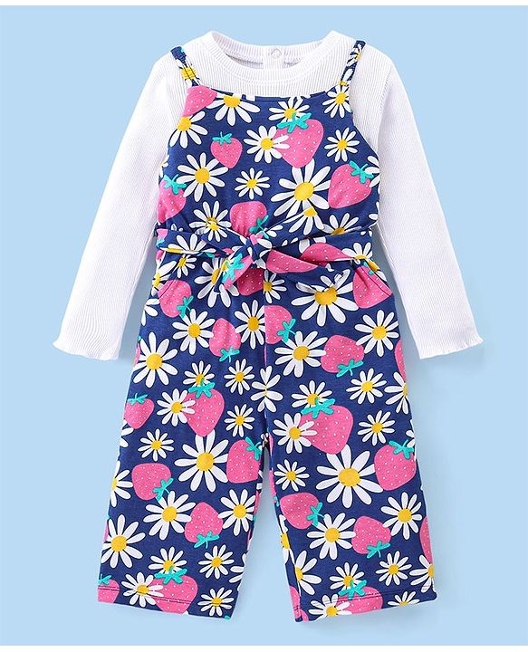 Babyhug Single Jersey Knit Floral Printed Jumpsuit with Full Sleeves Top - Pink & Blue