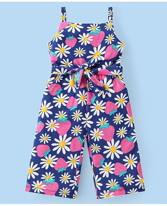 Babyhug Single Jersey Knit Floral Printed Jumpsuit with Full Sleeves Top - Pink & Blue