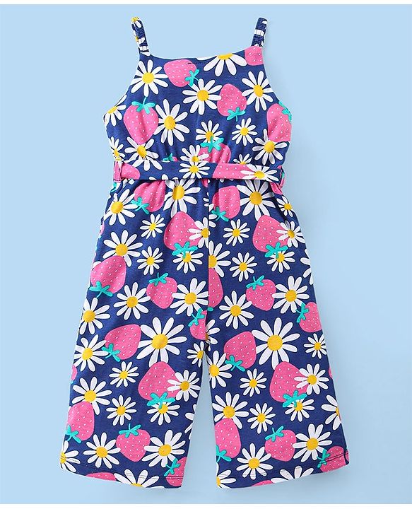 Babyhug Single Jersey Knit Floral Printed Jumpsuit with Full Sleeves Top - Pink & Blue