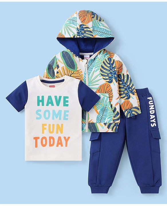 Babyhug Terry Knit Full Sleeves Tropical Theme & Text  Printed Hooded Sweatjacket & Lounge Pant with T-Shirt - Navy Blue